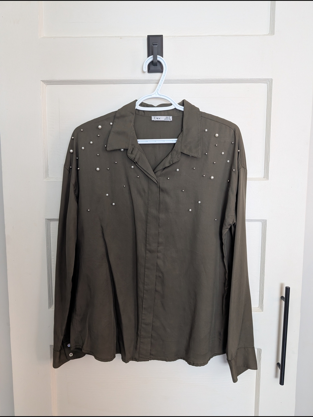 Dex Olive Pearl-Studded Button-Down Shirt